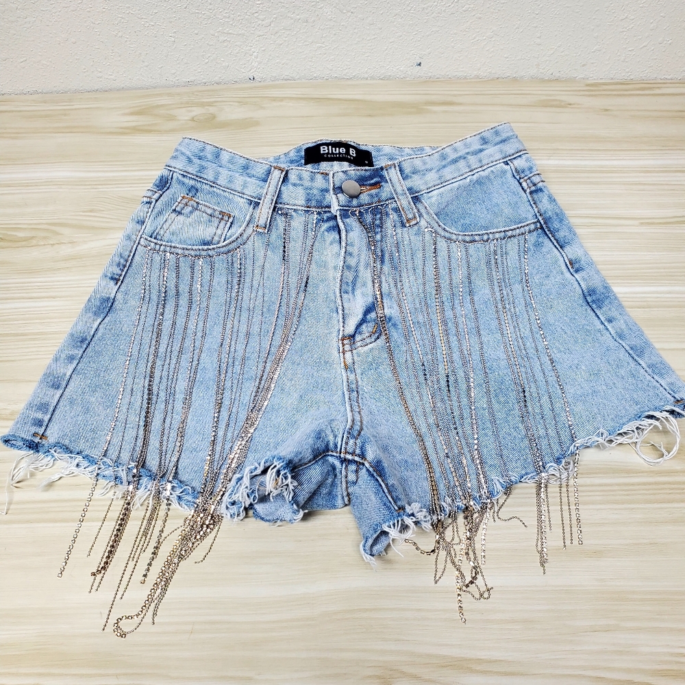 Blue B Collection Light Blue Denim Rhinestone Fringe Shorts Size Small
